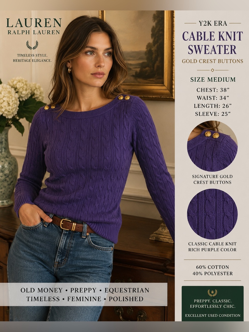 Lauren Ralph Lauren Purple Cable Knit Sweater Medium Gold Crest Buttons Y2K